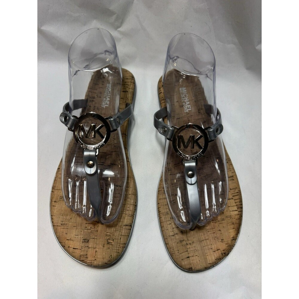 Michael Kors MK Charm Jelly Thong Sandals Silver PVC Strap w/ Cork Footbed Sz 10